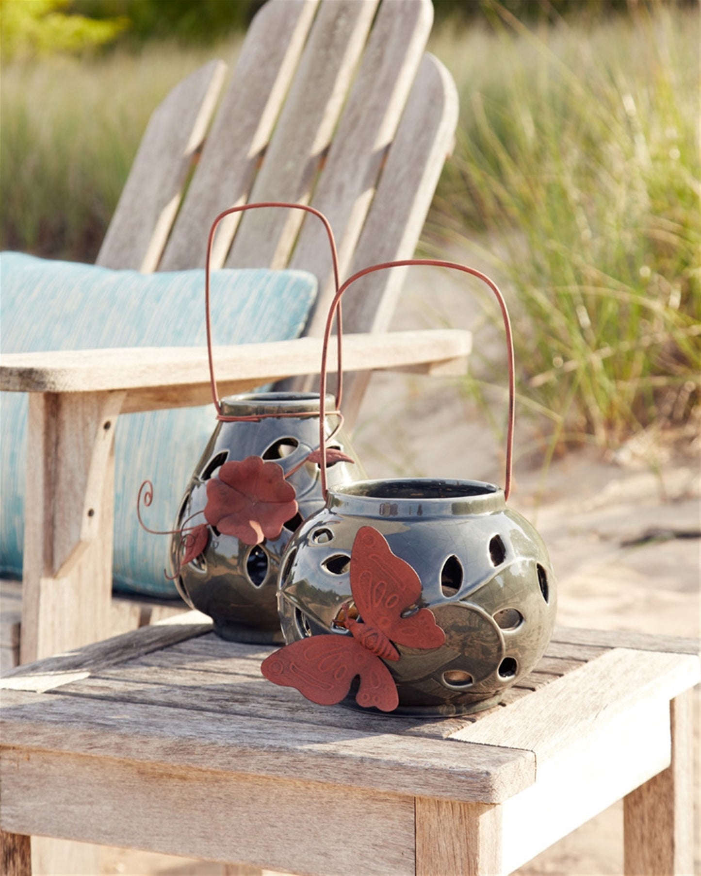 Blossom Ceramic Lantern Candle Holder with Metal Leaf Accent (Set of 2)