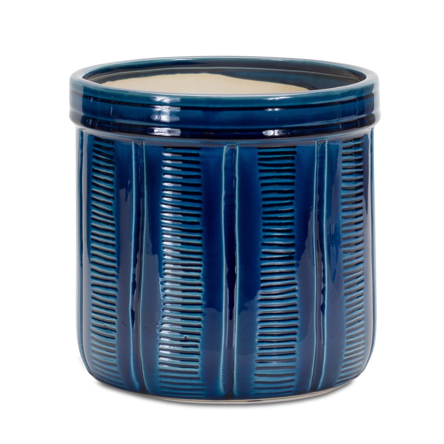 Trendy Blue Etched Ceramic Planter with Terra Cotta Pot Aesthetics