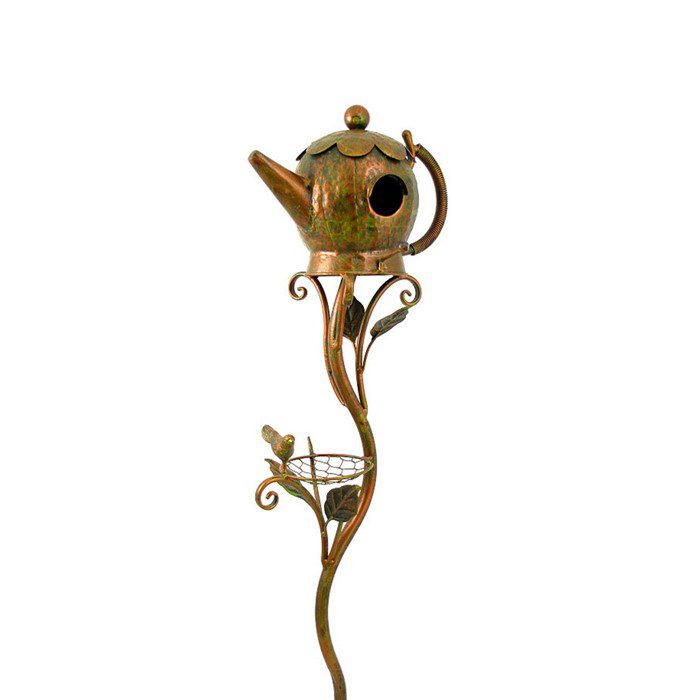 Antique Copper Teapot Birdhouse Garden Stakes
