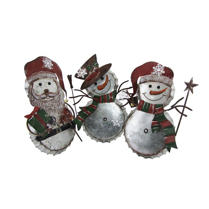 Set of 3 Galvanized Bottle Cap Snowmen and Santa Decor