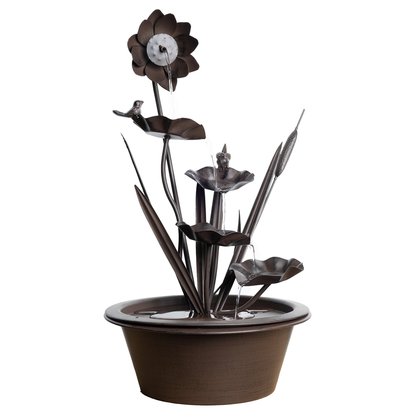 Unique Metal Floral Fountain with Delicate Bird Accents 24"H