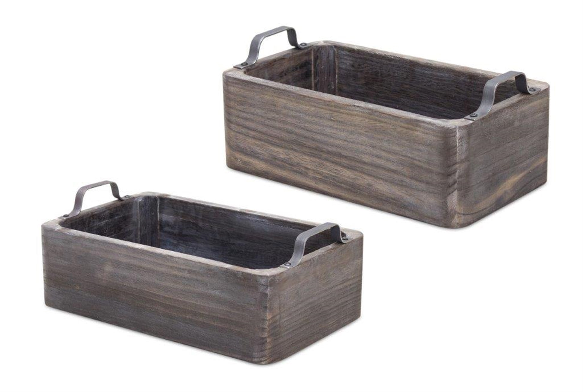 Natural Wooden Box Tray with Metal Handle Accent (Set of 2)