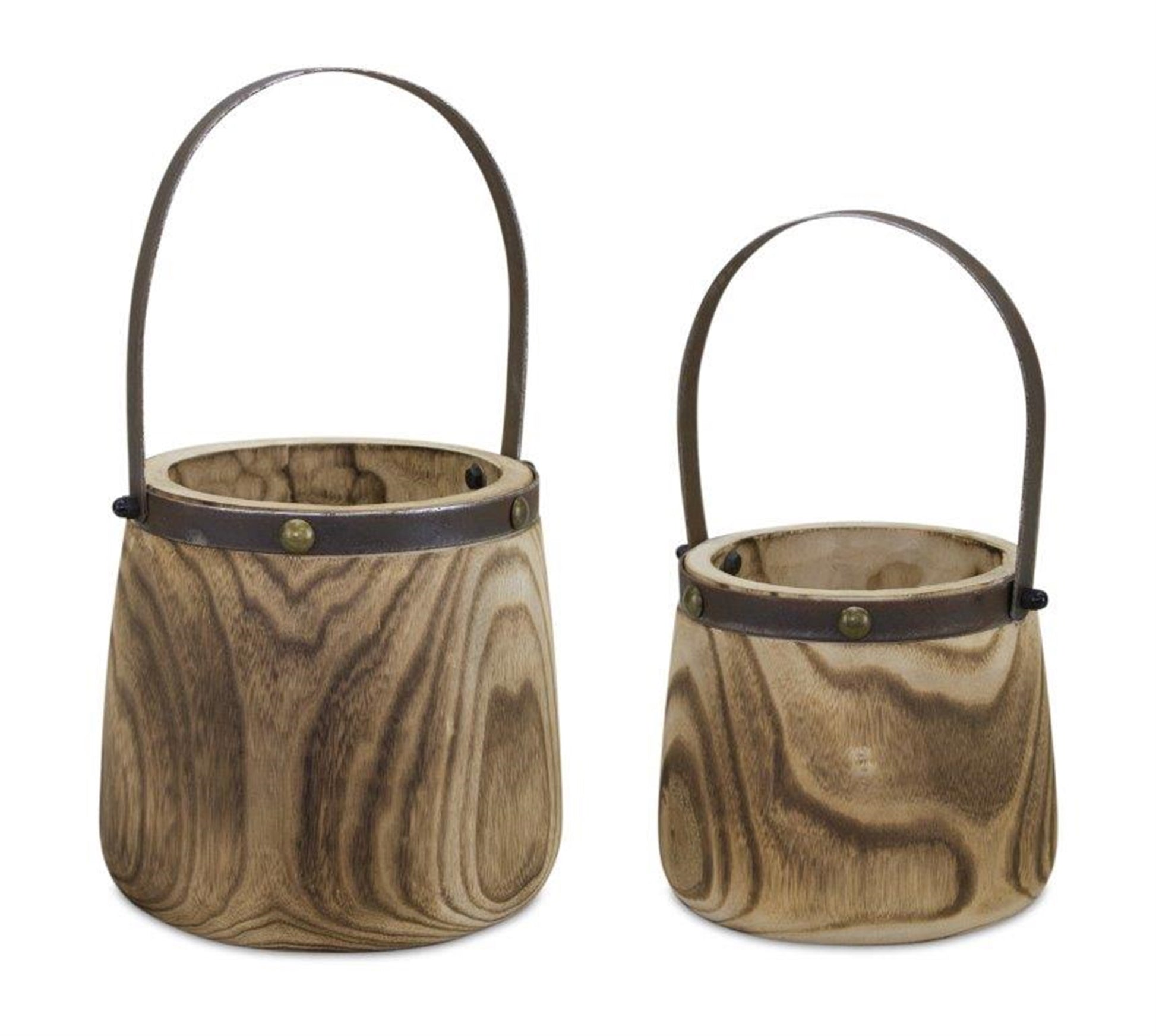 Natural Wooden Pail Planter with Metal Handle Accent (Set of 2)