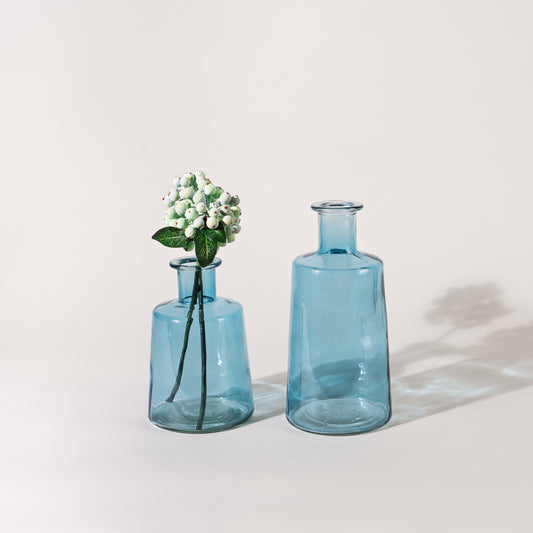 Blue Glass Tapered Bottle Vase, Home Decor Vase, Glass Bud Vase, Flower Vase,