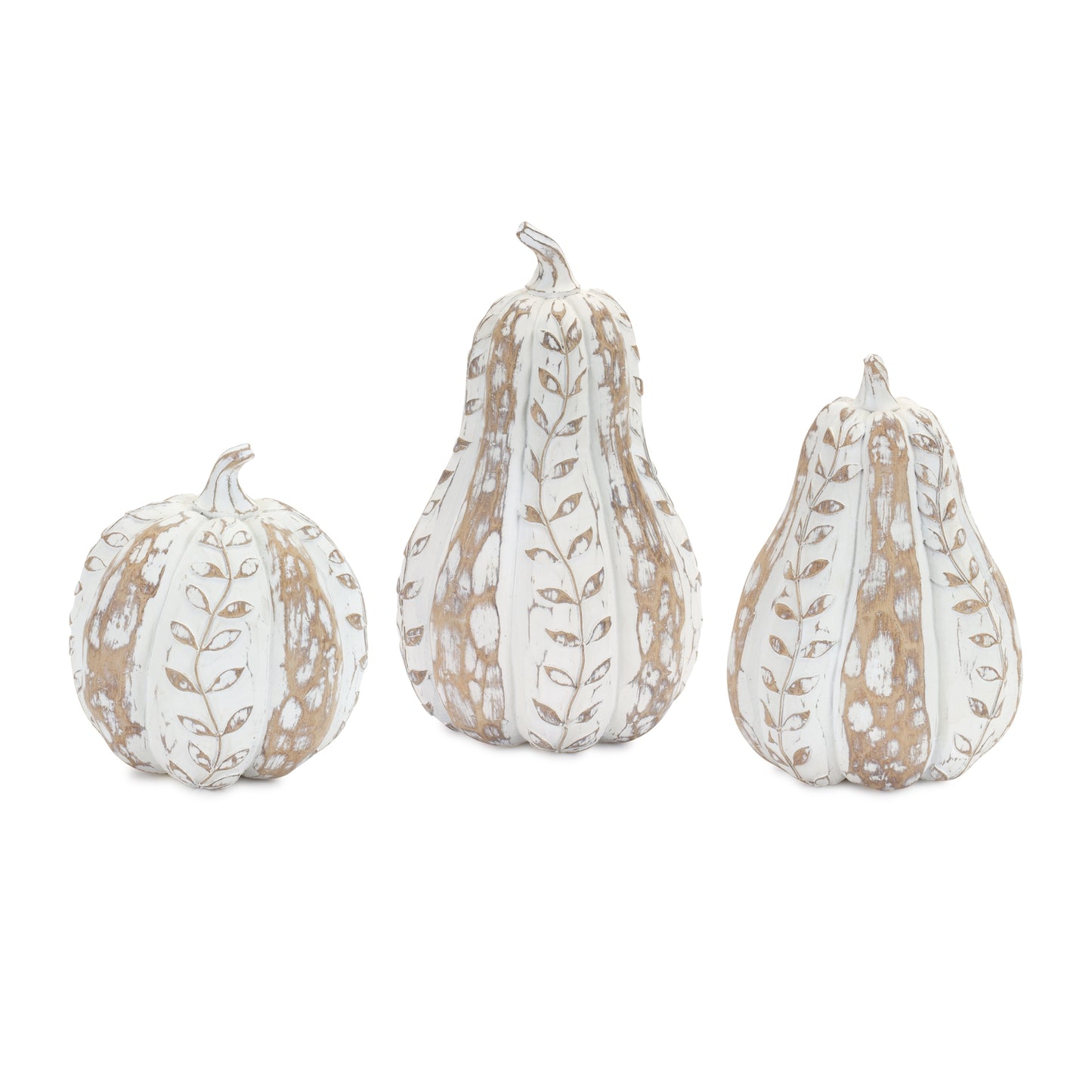 White Washed Wood Design Pumpkin with Leaf Pattern (Set of 3)