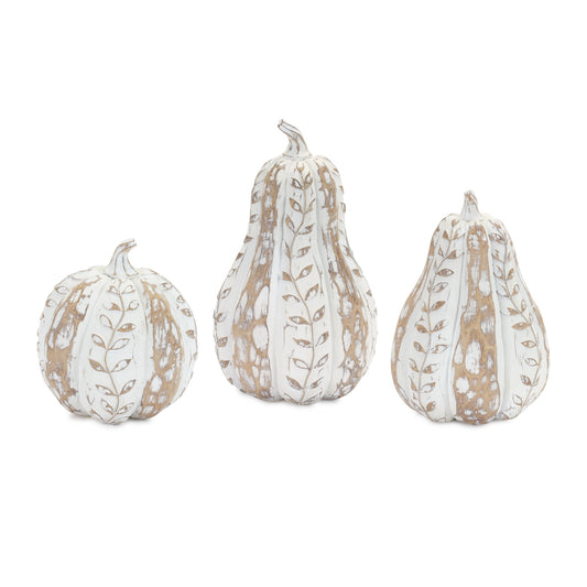 White Washed Wood Design Pumpkin with Leaf Pattern (Set of 3)