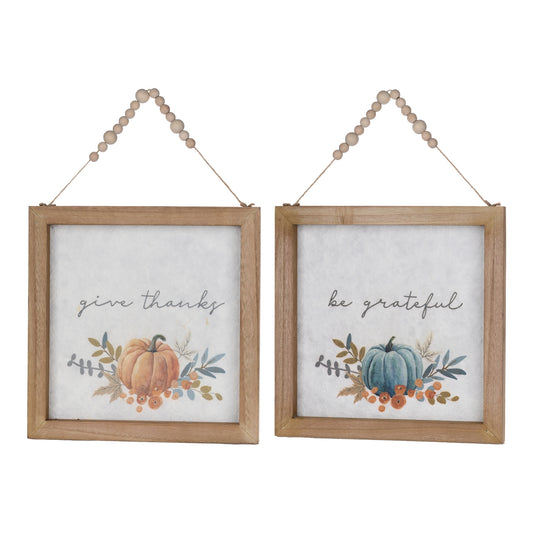 Wood Beaded Hanging Harvest Grateful Thankful Sentiment (Set of 2)