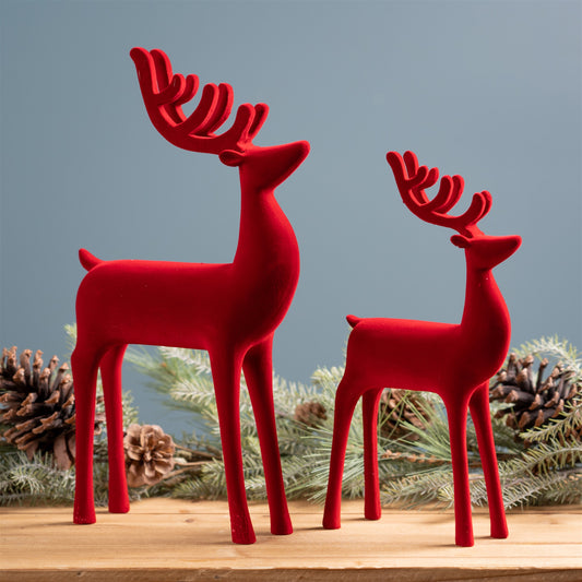 Red Flocked Deer Figurine (Set of 2)