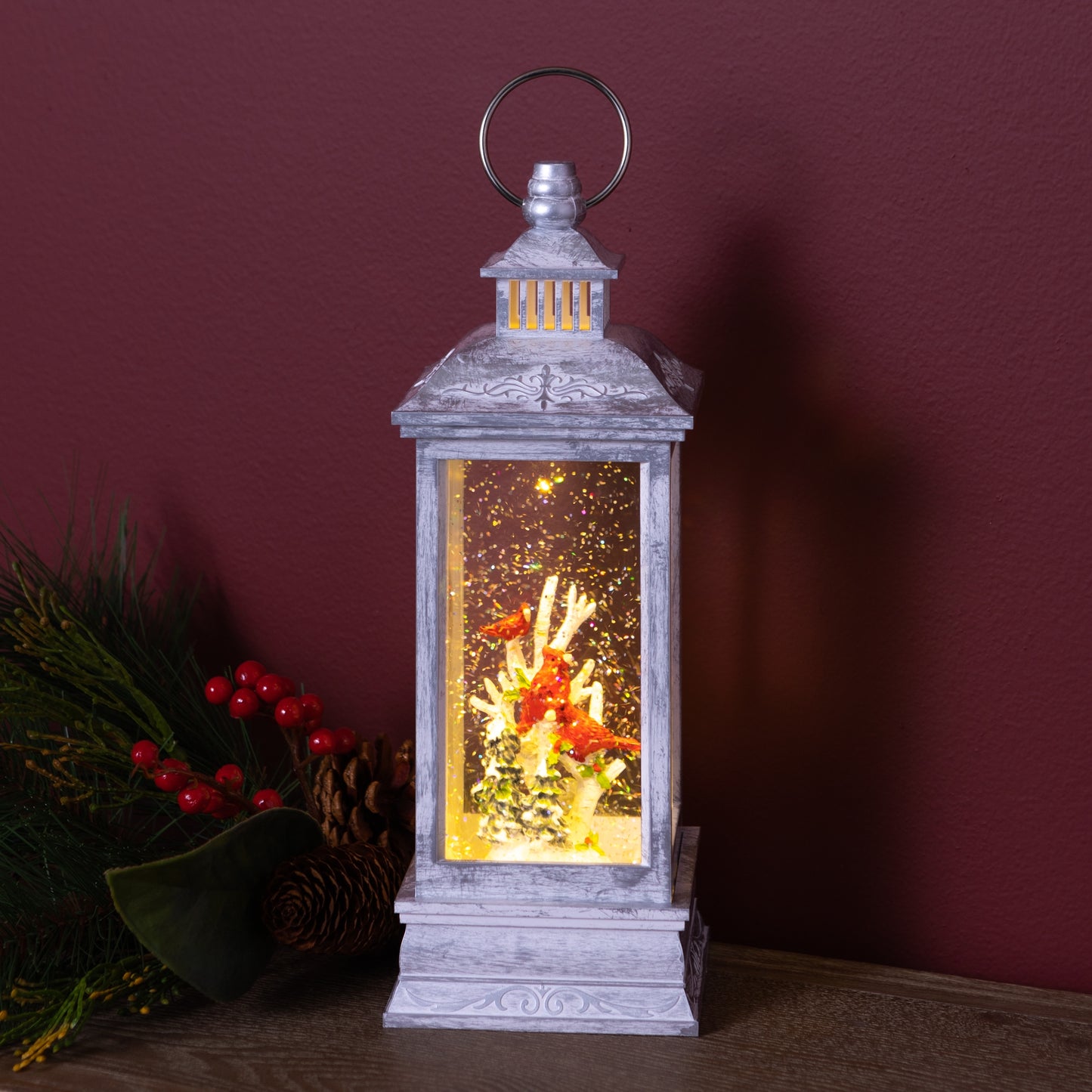 LED Snow Globe Lantern with Cardinal Bird Scene 12.74"H