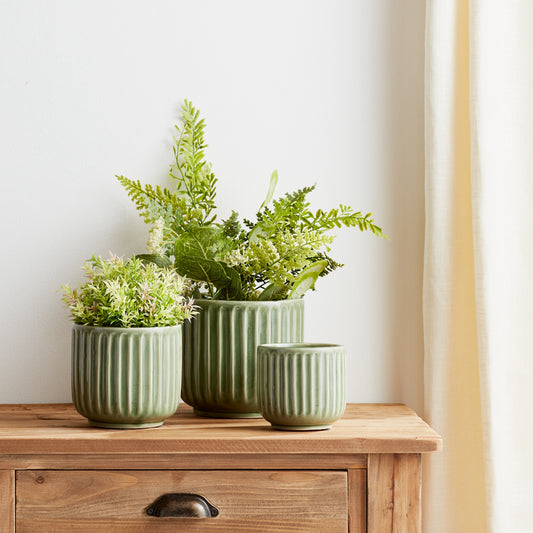 Green Ribbed Terra Cotta Pot Planter (Set of 3)