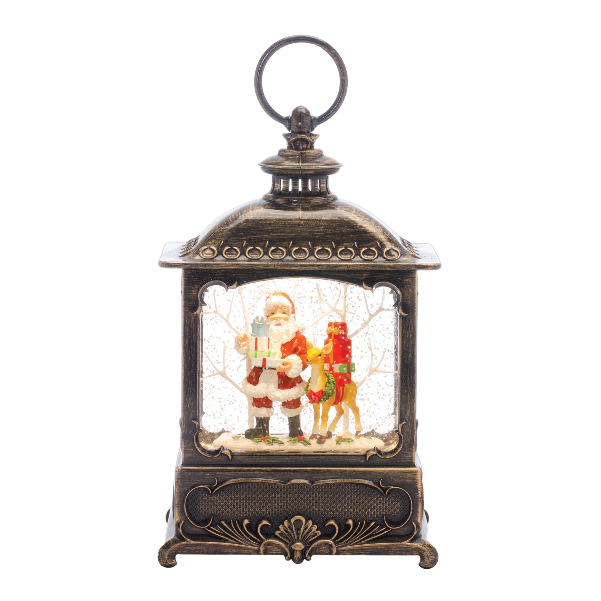 LED Santa and Deer Snow Globe Lantern 10.25"H