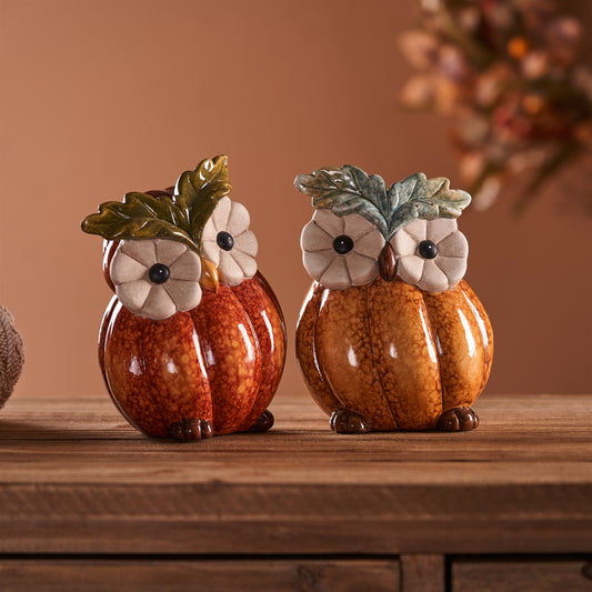 Terra Cotta Pumpkin Owl Figurine (Set of 2)