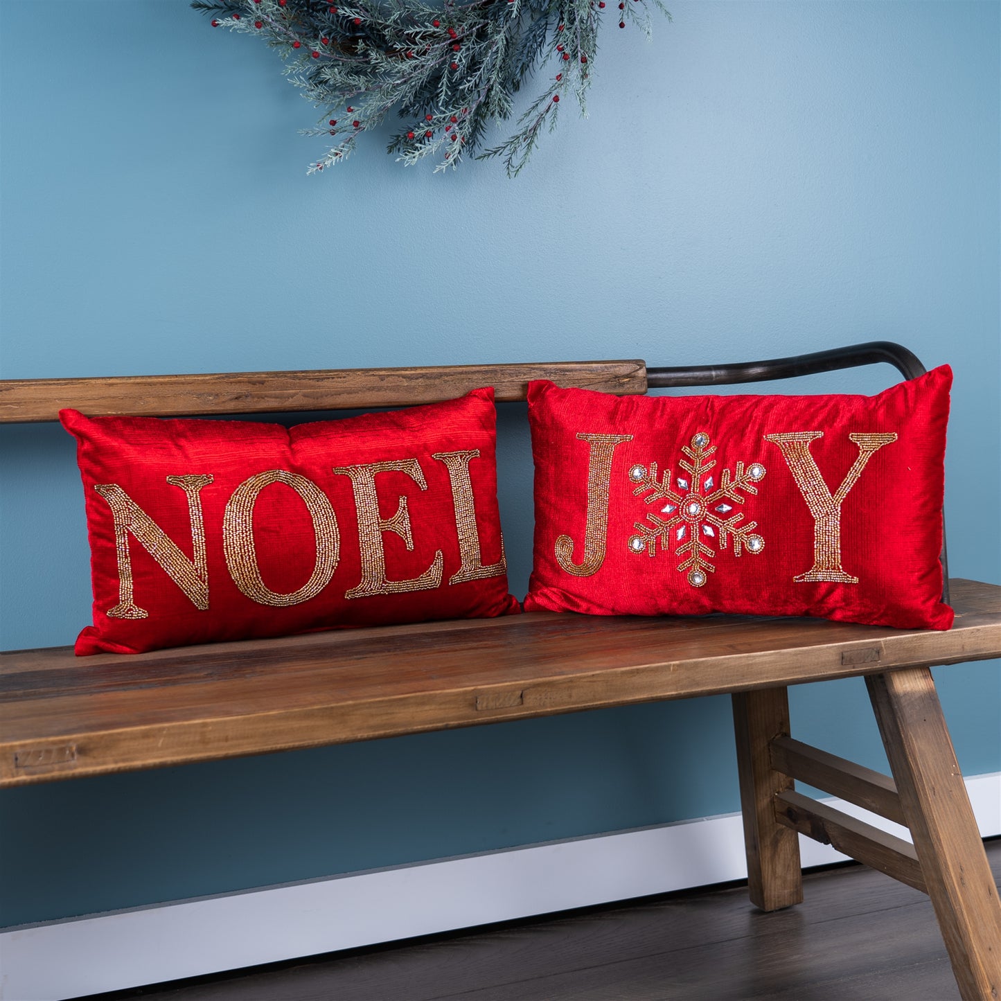 Elegant Holiday Pillow with Beaded Joy and Noel Design(Set of 2