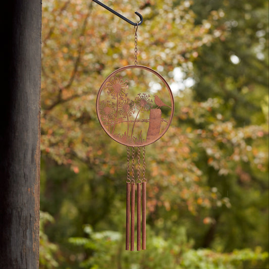 Bronze Metal Bird Dandelion Wind Chime 33"H