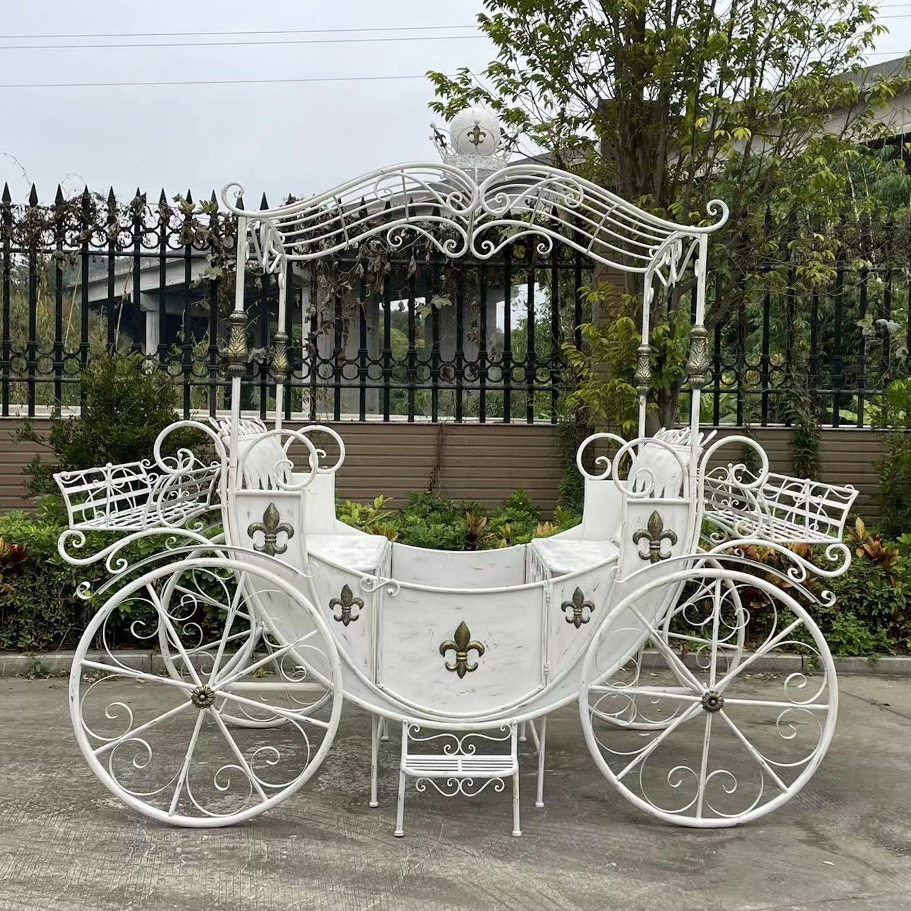 "Antoinette" Large Parisian Style Iron Carriage with Planters in Antique White