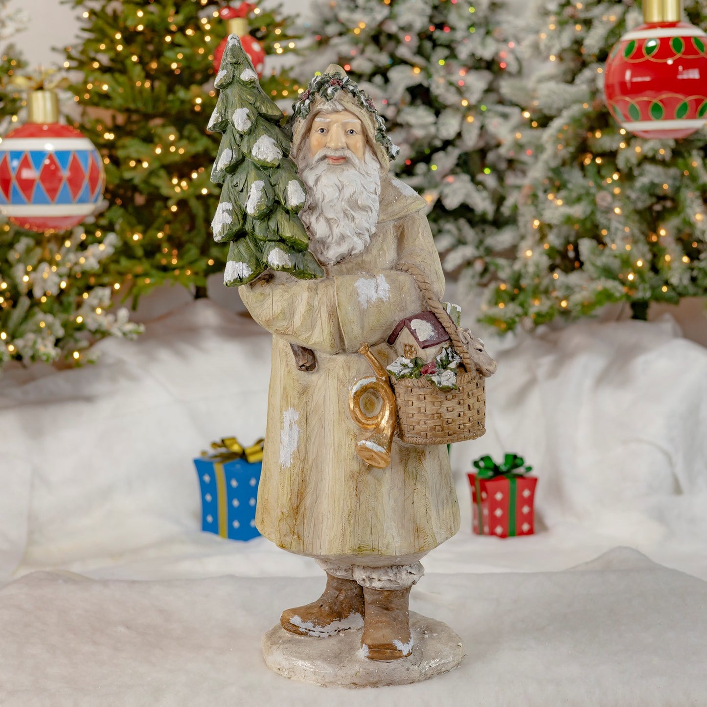 37" Tall Olde World Santa Claus Holding Christmas Tree & Basket