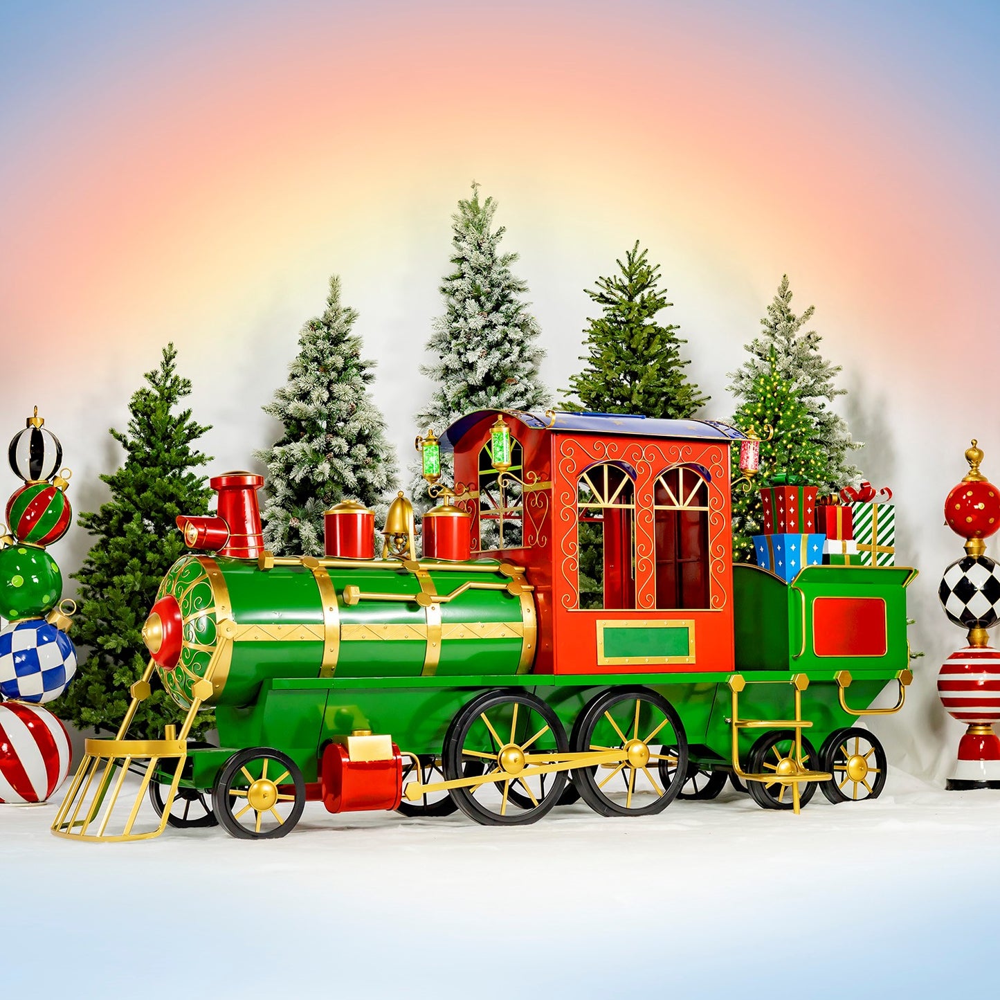 12.5ft. Large Iron Christmas Train with Cart & Lanterns "The North Pole Express"