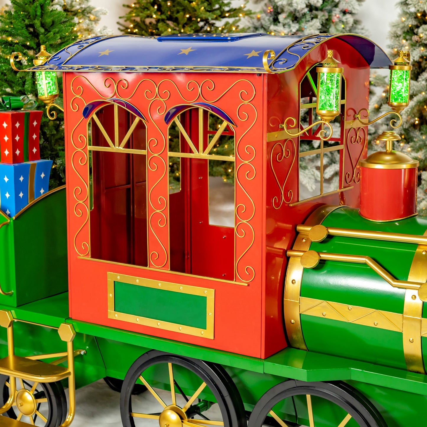 12.5ft. Large Iron Christmas Train with Cart & Lanterns "The North Pole Express"