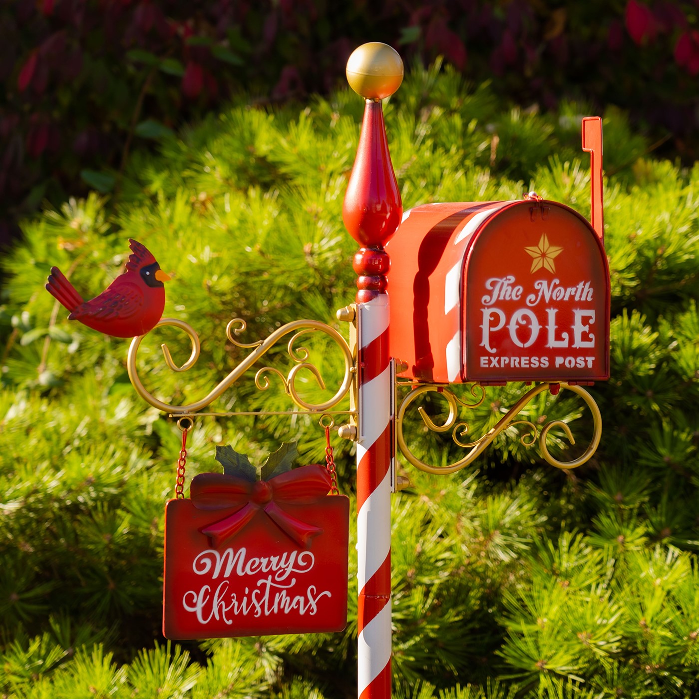 Iron Standing Christmas 2024 Mailbox with Hanging Sign and Cardinal