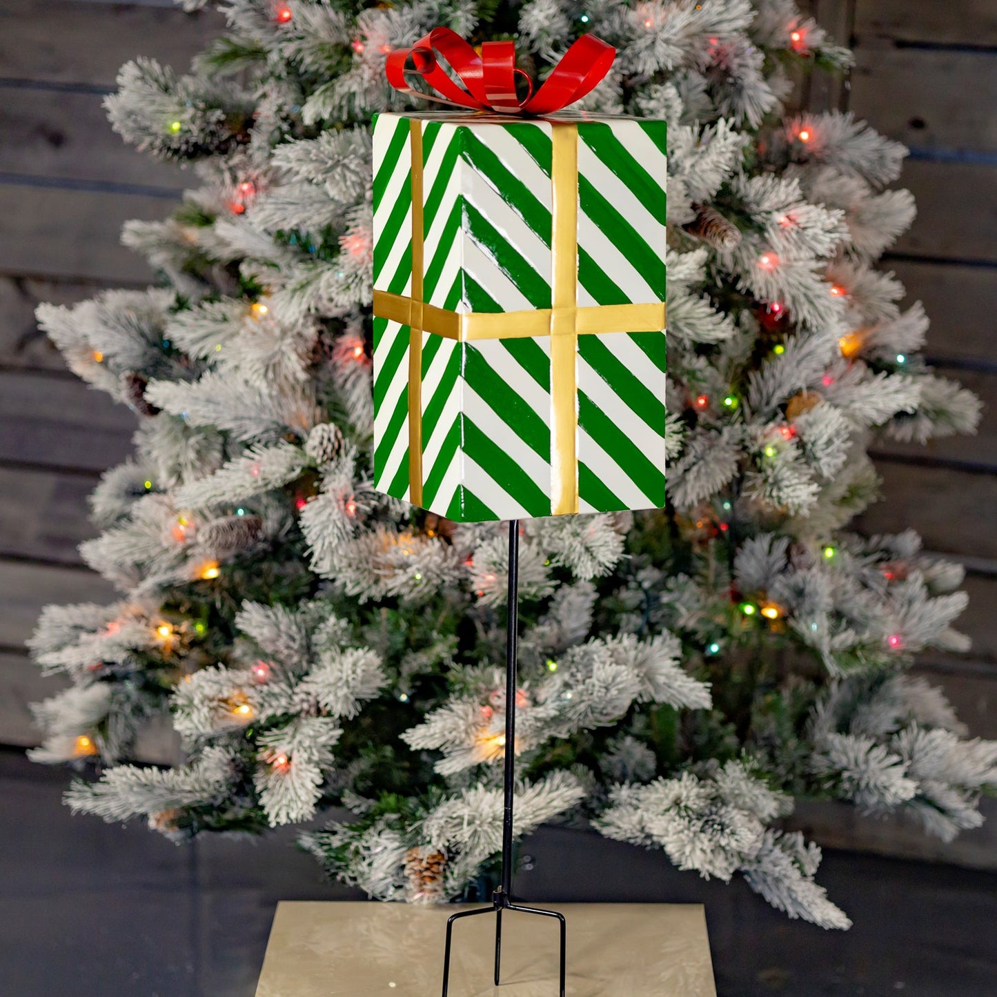 37" Tall Green & White Striped Gift Box with Red Bow Iron Christmas Stake