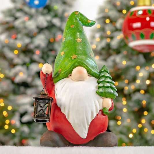 Christmas Garden Gnome Holding Small Tree with Green Star Hat "The Goodfellows"