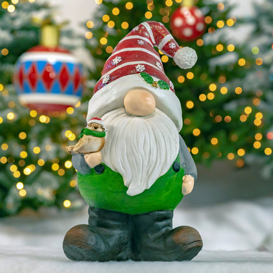 Christmas Garden Gnome Holding Bird with Red Snowflake Hat "The Goodfellows"