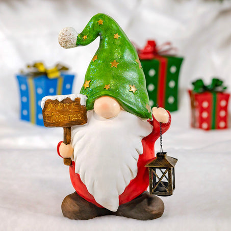 Christmas Garden Gnome Holding Wooden Sign with Green Star Hat 