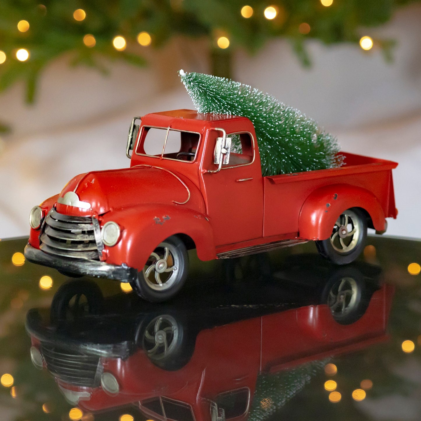 15" Distressed Red Iron Pickup Truck with Christmas Tree