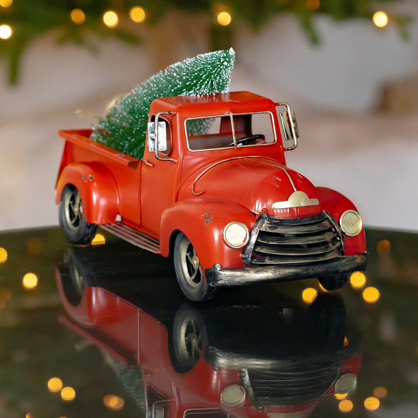 15" Distressed Red Iron Pickup Truck with Christmas Tree