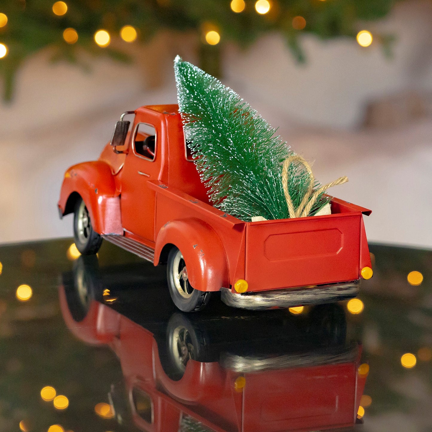 15" Distressed Red Iron Pickup Truck with Christmas Tree