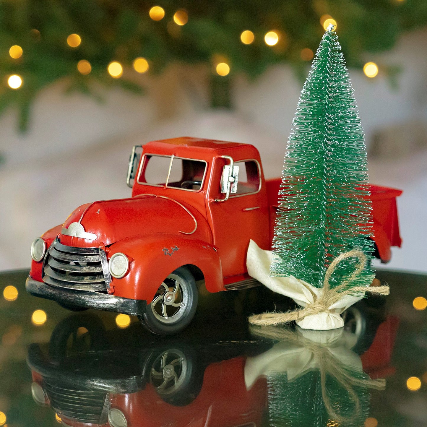 15" Distressed Red Iron Pickup Truck with Christmas Tree