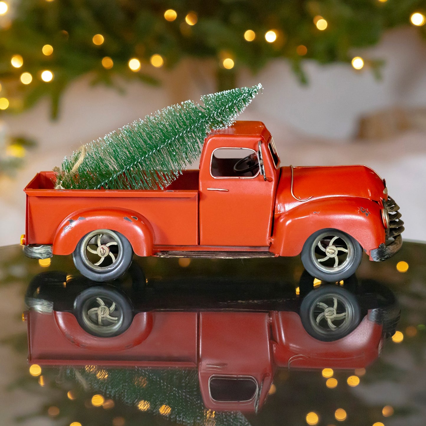 15" Distressed Red Iron Pickup Truck with Christmas Tree