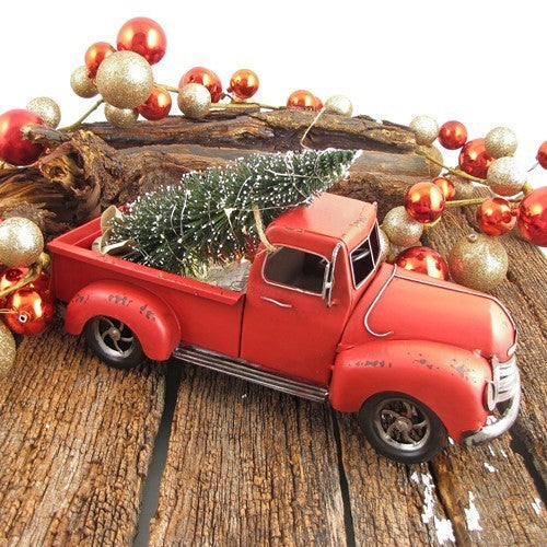 15" Distressed Red Iron Pickup Truck with Christmas Tree