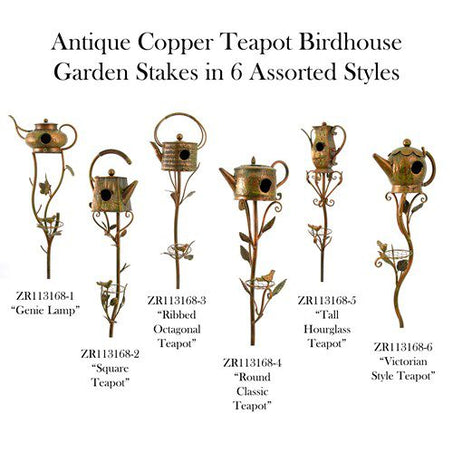 Antique Copper Teapot Birdhouse Garden Stakes