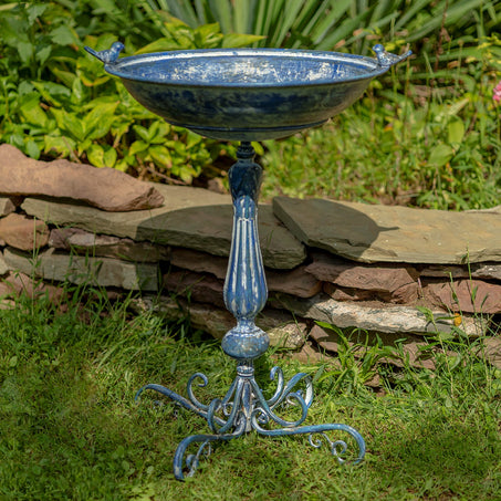 Blue Pedestal Birdbath with Little Bird