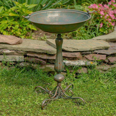 Copper Bronze Pedestal Birdbath with Little Bird