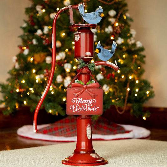 Old Style Red Iron Water Pump with Merry Christmas Sign