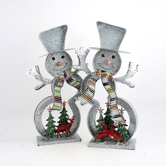 Set of 2 Galvanized Cookie Cutter Snowmen with Christmas Trees & Reindeer