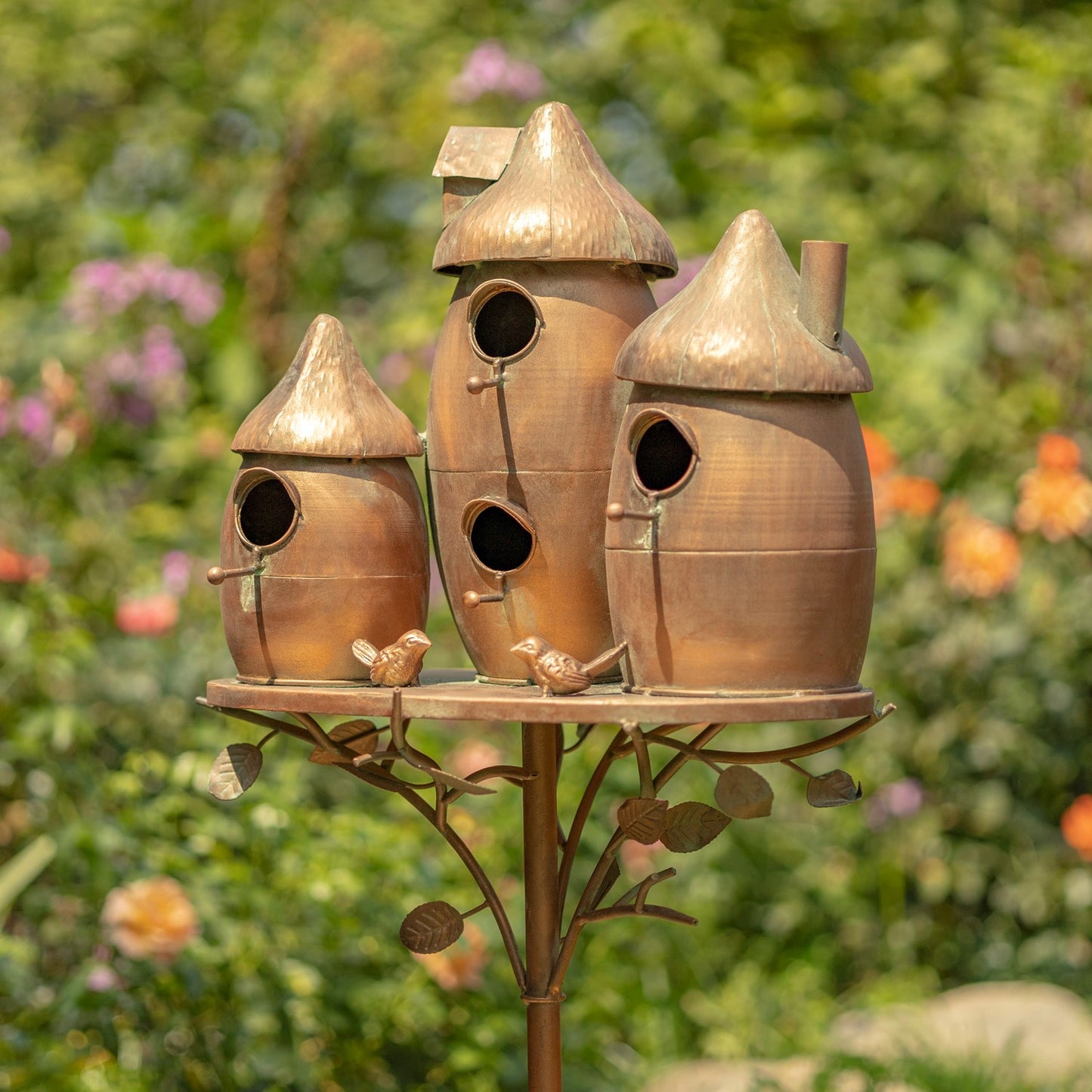 Copper Triple Mushroom shaped Bird House Stake