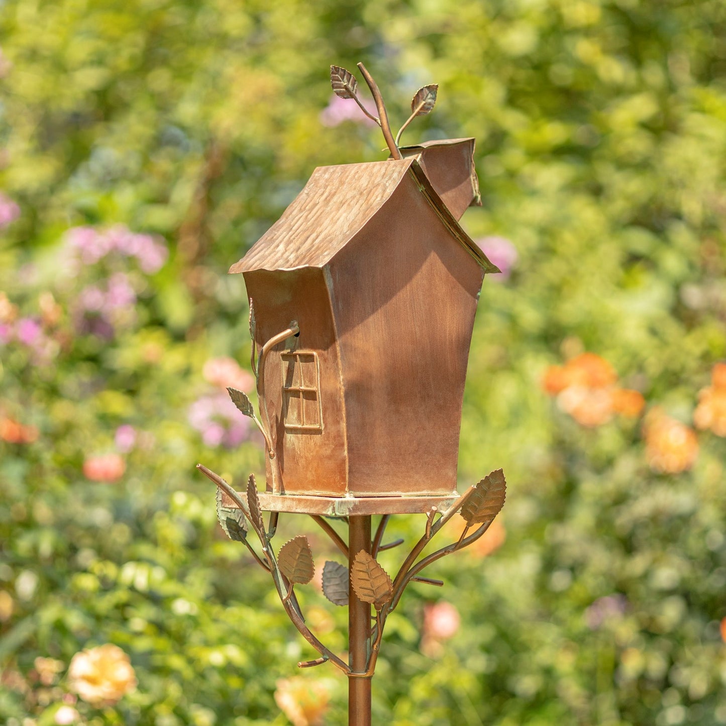 Copper Bird House Stake with A-Frame Roof