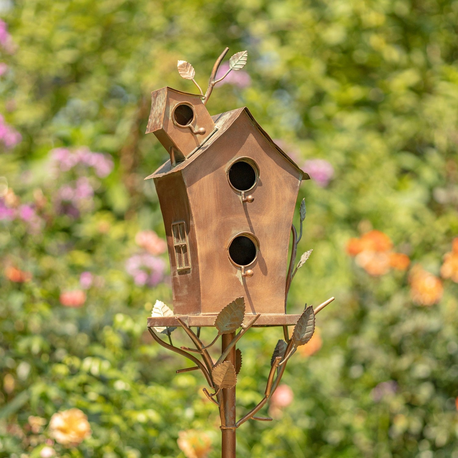 Copper Bird House Stake with A-Frame Roof