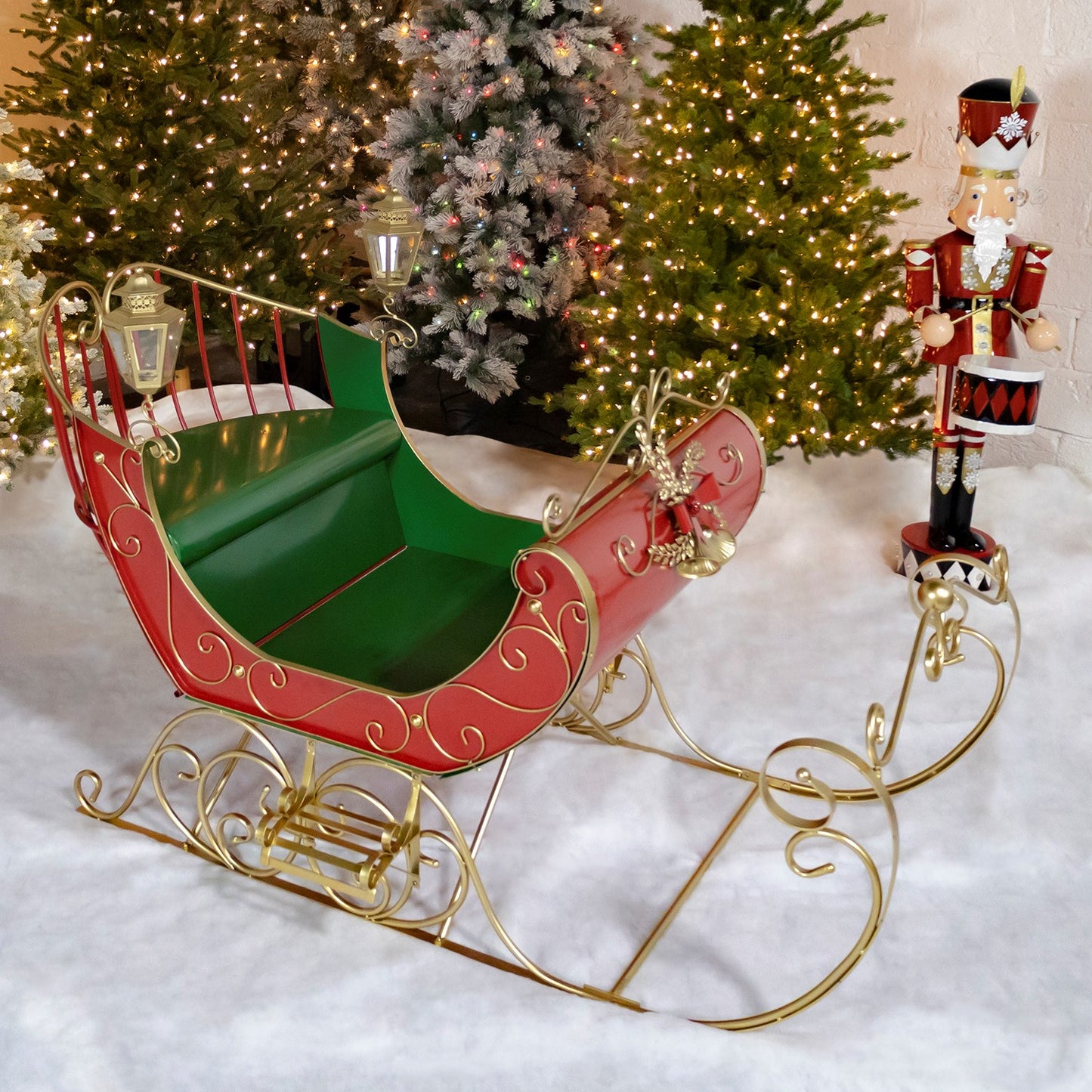 Large Red Victorian Christmas Sleigh with Green, and Gold