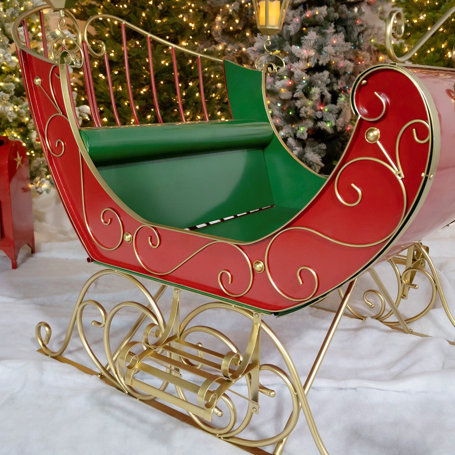 Large Red Victorian Christmas Sleigh with Green, and Gold