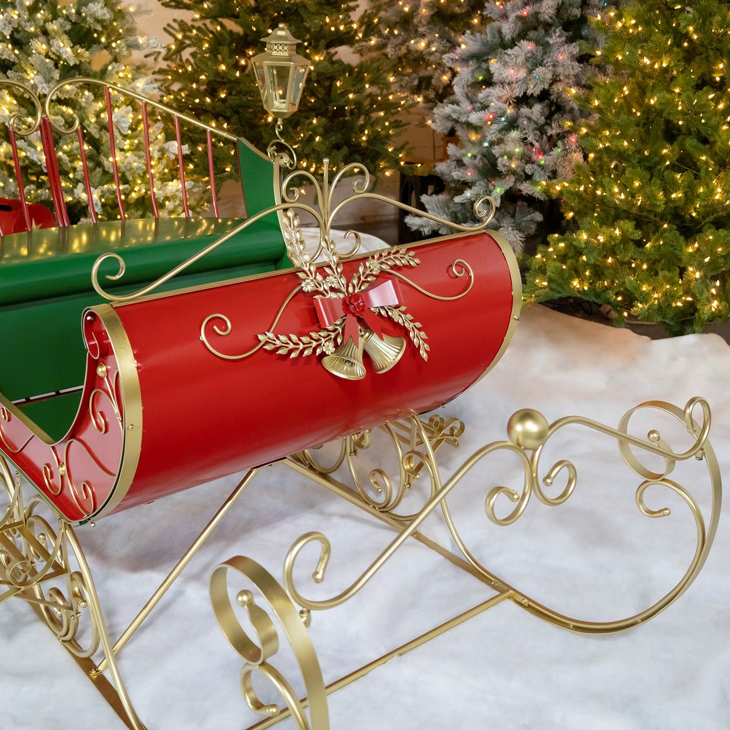 Large Red Victorian Christmas Sleigh with Green, and Gold