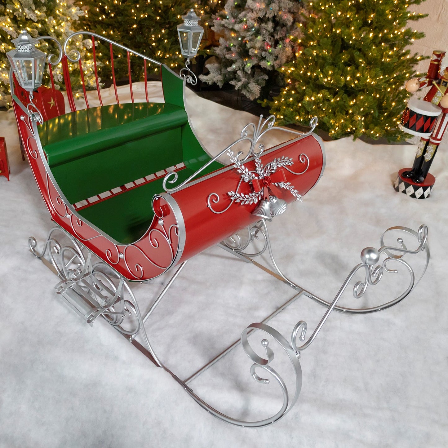 Large Red Victorian Christmas Sleigh with Green, and Silver