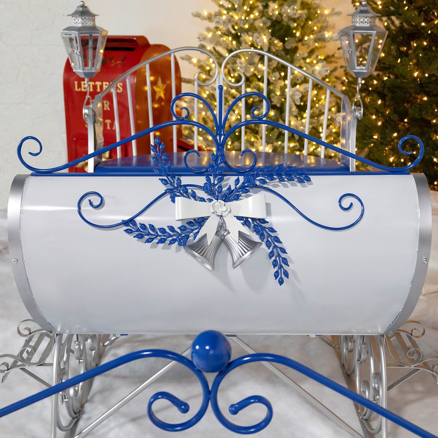 Large White Victorian Christmas Sleigh with Blue and Silver