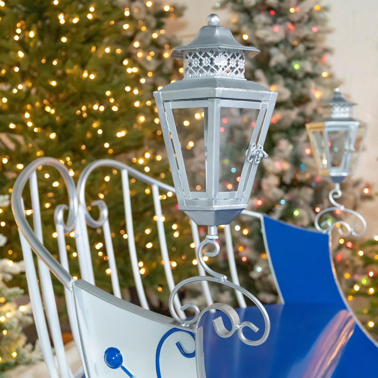 Large White Victorian Christmas Sleigh with Blue and Silver