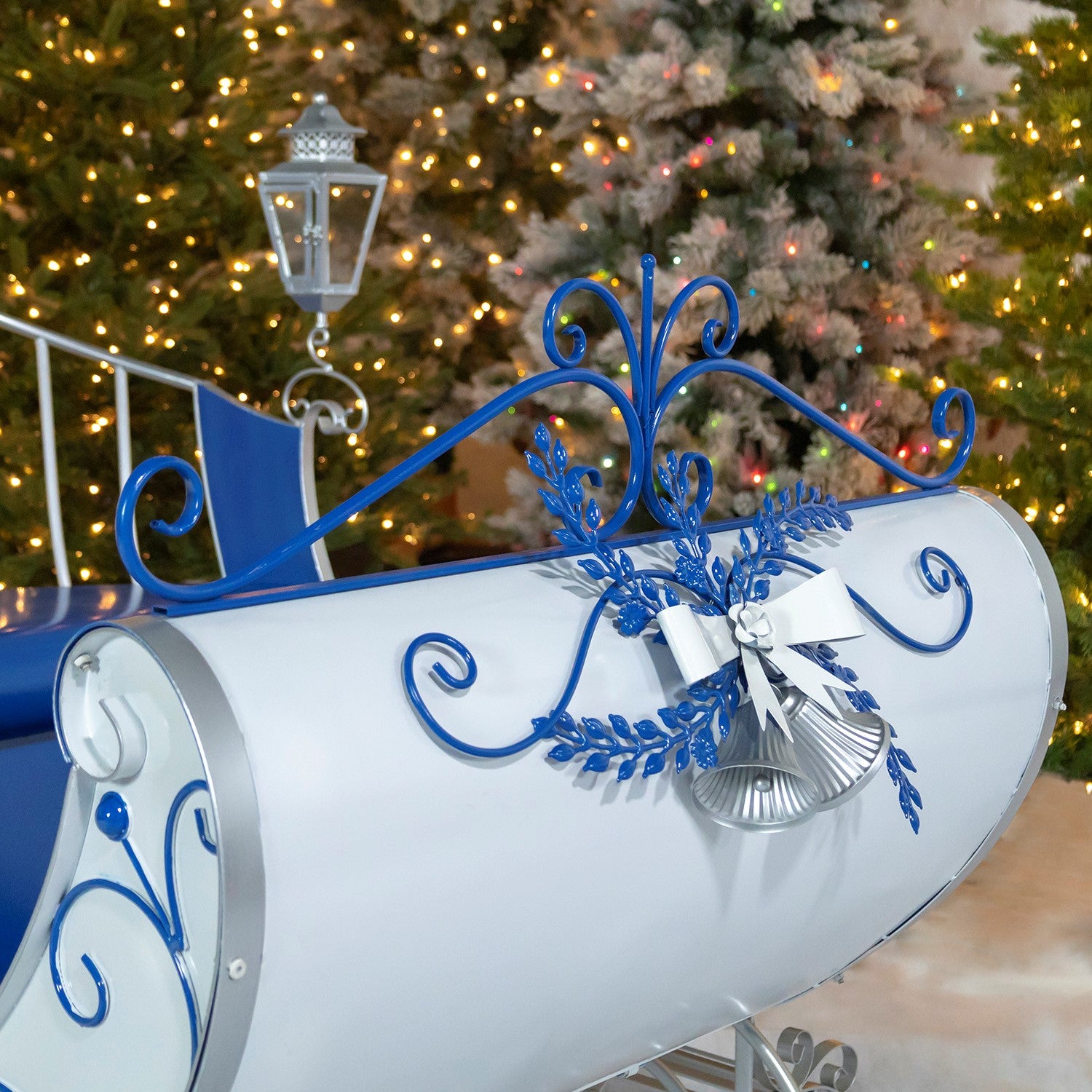 Large White Victorian Christmas Sleigh with Blue and Silver